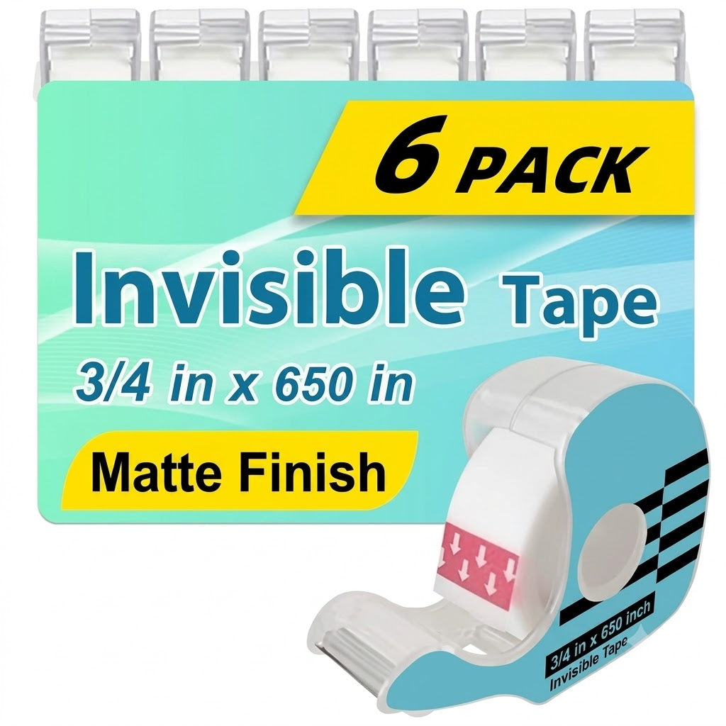 Tape, Invisible Tape for Gift Wrapping, 6 Rolls+6 Refillable Dispensers, Matte Finish, Writable, 3/4″x 650″, Clear Tapes for Christmas Wrapping Paper, Office&School Supplies