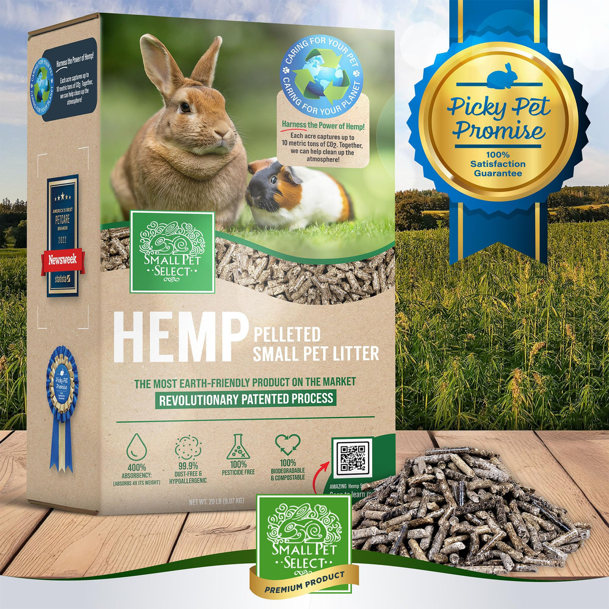 Small Pet Select - Hemp Pelleted Bedding, Non-Clumping, Biodegradable Animal Bedding, Eco Friendly Odor Control for a Rabbits, Hamsters, Guinea Pigs, and Other Small Pets, 20 lb