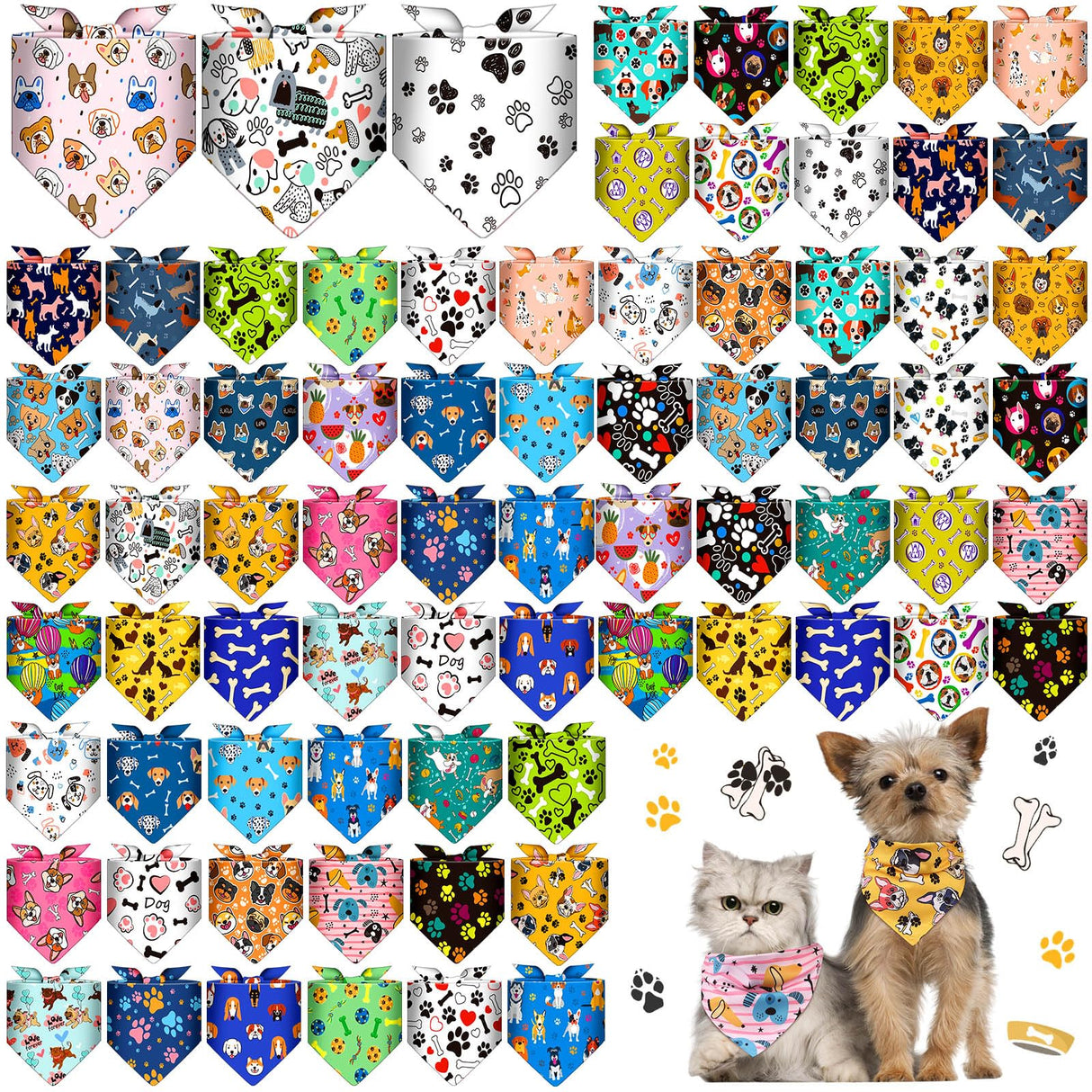 72 Pcs Dog Bandanas Bulk Summer Adjustable Washable Pet Triangle Scarf Soft Cute Cartoon Pattern Kerchief Bib for Summer Holiday Small Medium Large Pet Costume Accessories