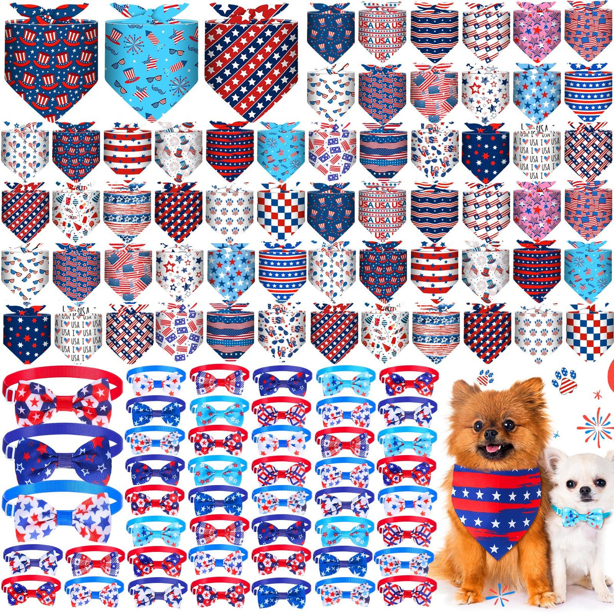 Chicingyou 108 Pcs Veterans Patriotic Dog Bandanas Bulks Star Stripe Adjustable Bow Ties for Dogs USA Flag Bowknot Triangle Scarf Kerchief for Pet Cat 4th of July Memorial Grooming Outfit