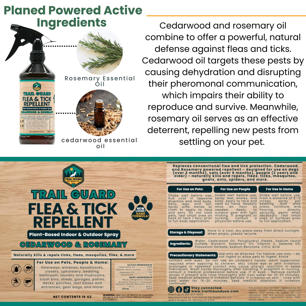 Trail Guard Natural Extra Strength Insect, Flea and Tick Spray for Dogs, Cats, People & Home (16oz, Cedarwood & Rosemary)