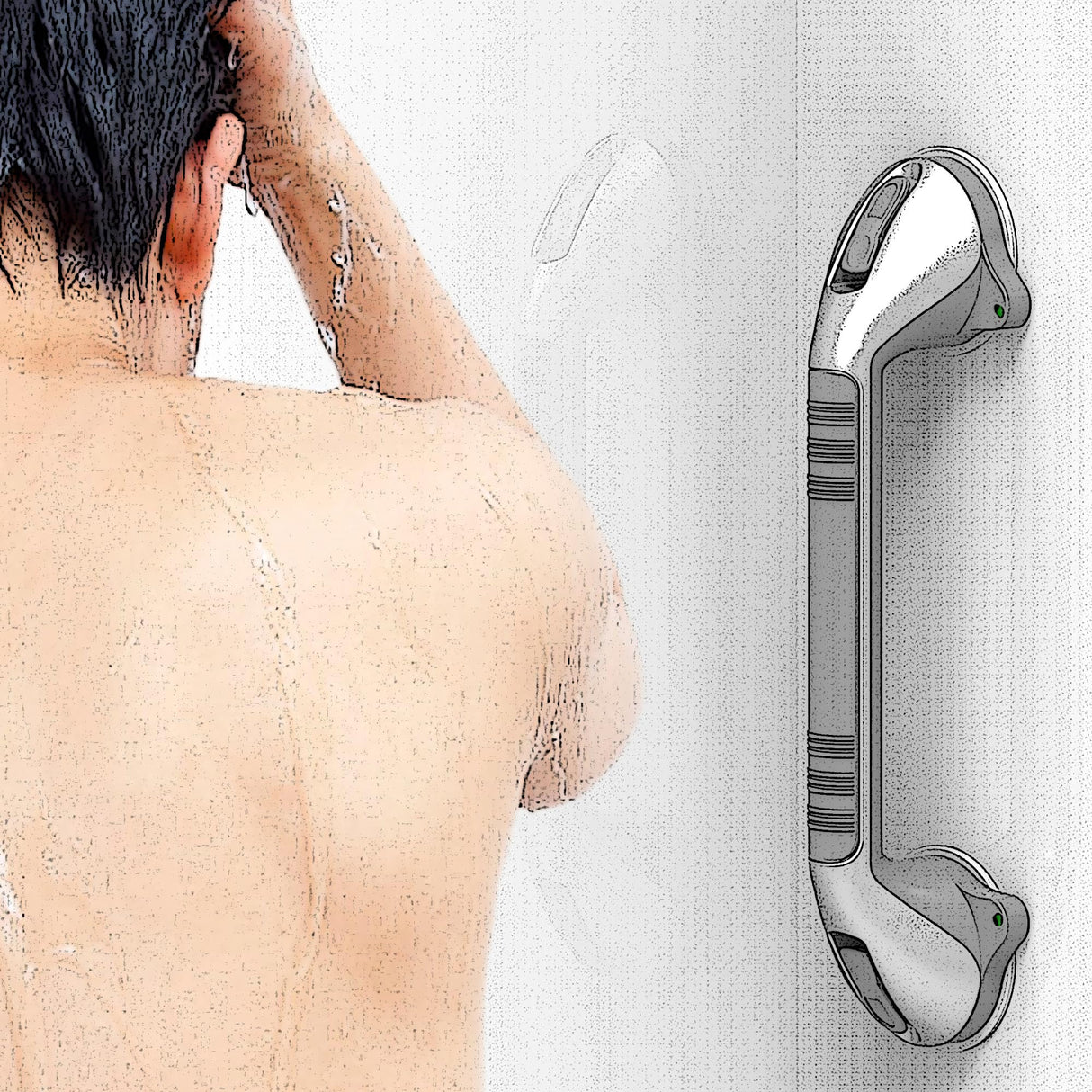 AquaChase 17“ Suction Shower Grab Bar with Indicators, Tool-Free Installation, Steady Handle for Balance Assist for Bathtub, Toilet, Bathroom, Dual Tone, Silver/Gray 2-Pack