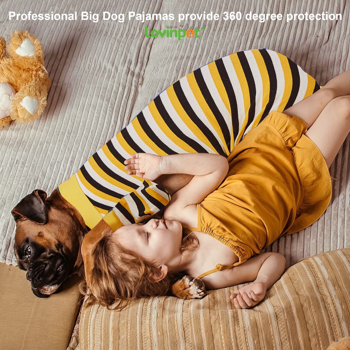 LovinPet Big Dog Pajamas, Cotton Black and Yellow Stripe Dog Shirt, Full Coverage Dog Onesie, Pet Pajamas for Dogs, Stop Shedding for Dogs, Pet PJ's, 3XL