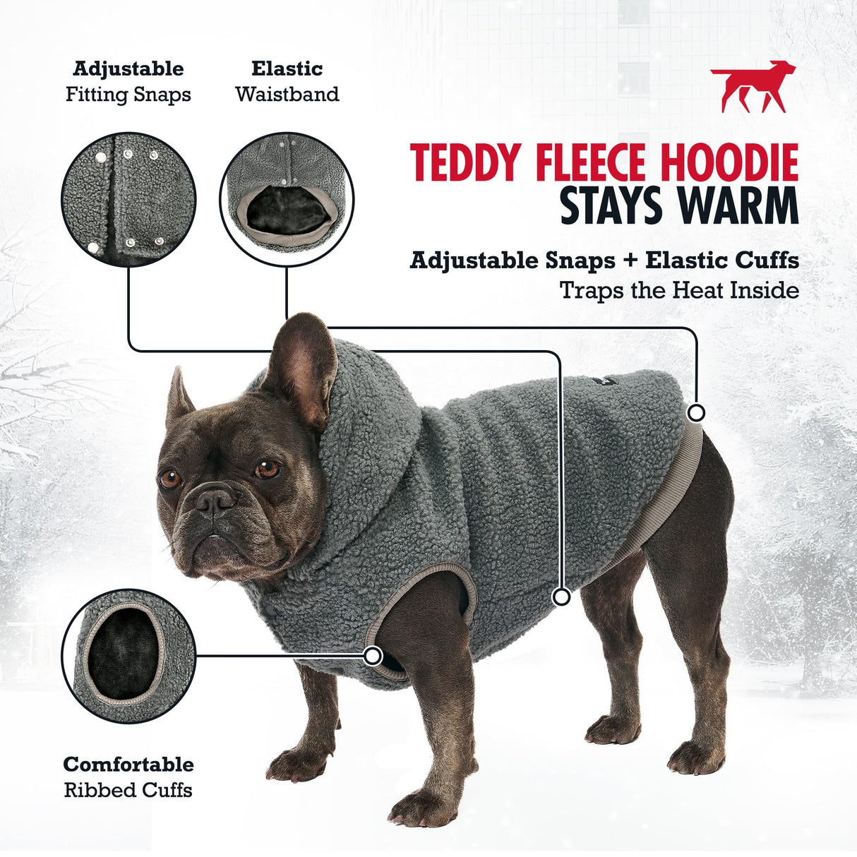 Tuff Pupper Fleece Dog Hoodie Sweater | Teddy Sherpa Outer & Soft Polar Fleece Lining | Adjustable Fit Winter Coat with Hood, Leash Hole, Ribbed Cuffs | for Small Medium Large XL XXL Dogs (Grey, XXL)