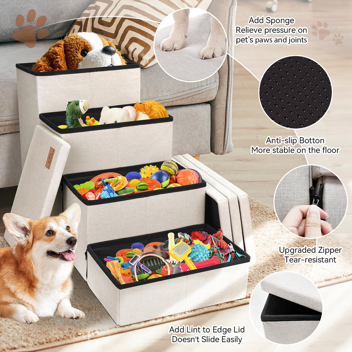 Zerbuger Dog Stairs with Storage 23" H, 4-Step Wider Dog Steps for High Beds Window, Folding Sturdy Pet Stairs Gift for Small/Medium/Large Old Dogs Cat, Ramp for Climbing Car Up to 200 lbs, Beige