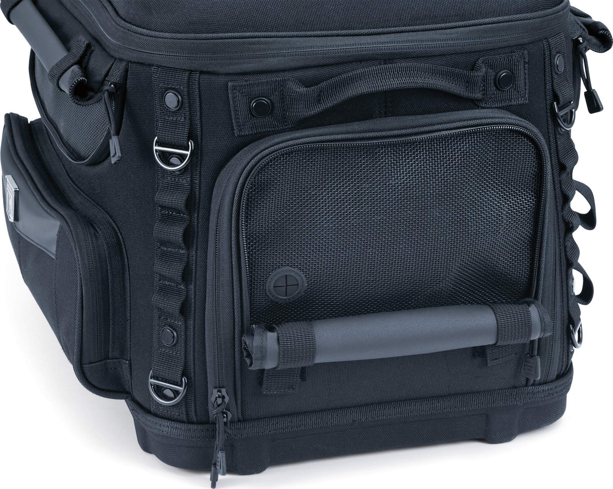 Kuryakyn 5288 Grand Pet Palace: Portable Weather Resistant Motorcycle Dog/Cat Carrier Crate for Luggage Rack or Passenger Seat with Sissy Bar Straps, Black 35 lbs Capacity