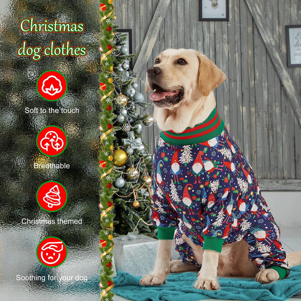 LovinPet Large Dog Christmas Pajamas - Christmas Outfit Xmas Holiday Costume for Dogs, Lightweight Pullover, A Gnome to FA La Navy Prints Large Dog PJ's Pitbull Clothes, L