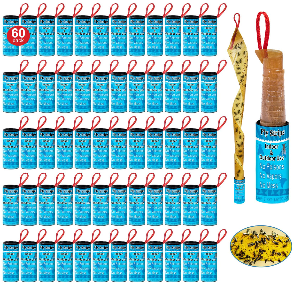 Fly Strips Fruit Fly Traps for Indoors, Sticky Gnat Trap for House Indoor Hanging, 60 Pack Insect & Bug Paper Ribbon Outdoor, Ranch Fly Catcher Tape