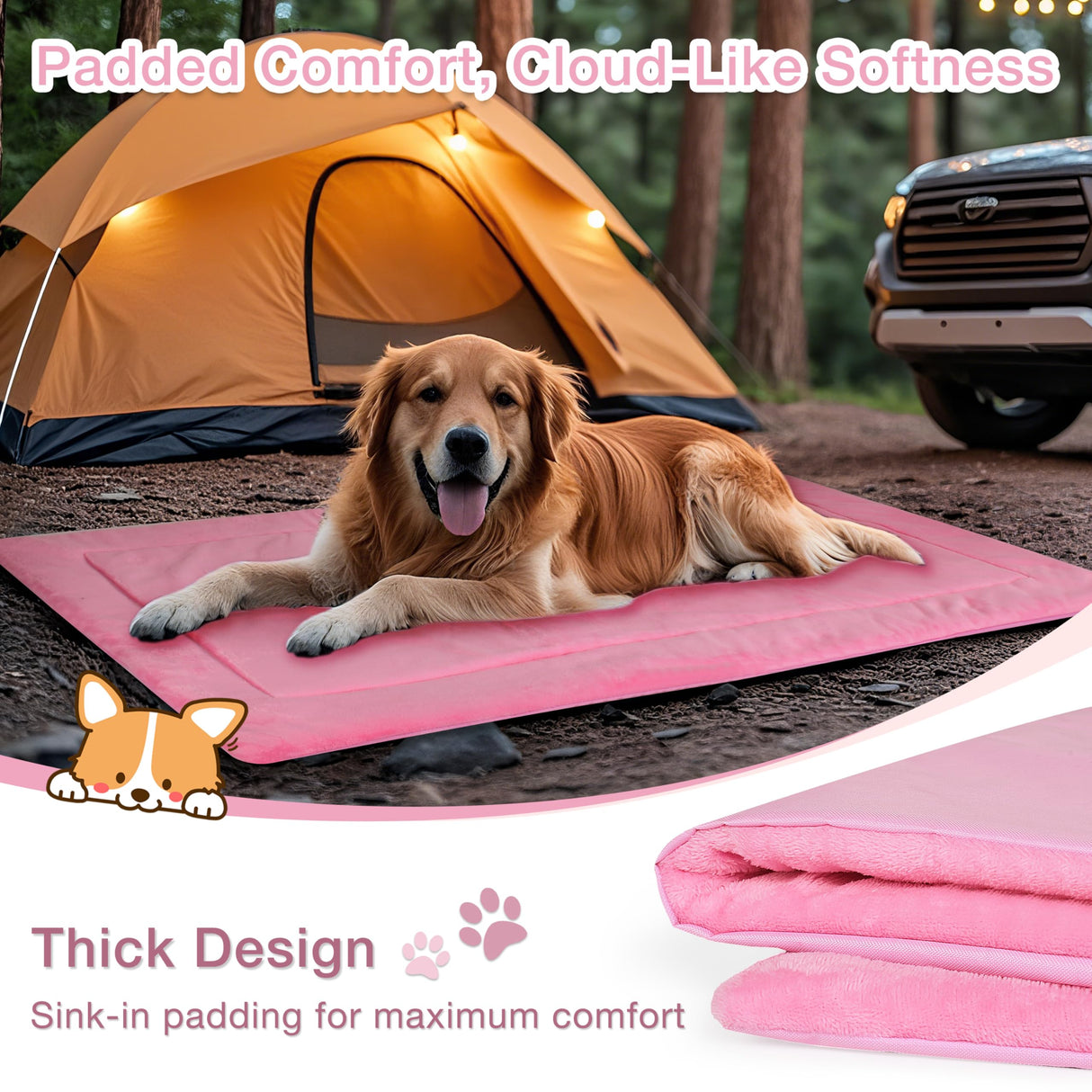 Kritter Planet Waterproof Foldable Dog Bed Pad for Camping & Travel, Portable Roll-Up Dog Bed Car Seat Pet Cushion Mat with Handles for Medium & Large Dogs, Indoor & Outdoor Use