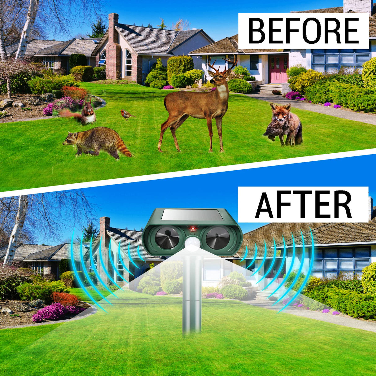 Gebatule 2 Pack Solar Ultrasonic Animal Repellent Repel Cat, Squirrel, Deer, Raccoon, Skunk, Rabbit, Rat, Dog, Waterproof with Motion Detector