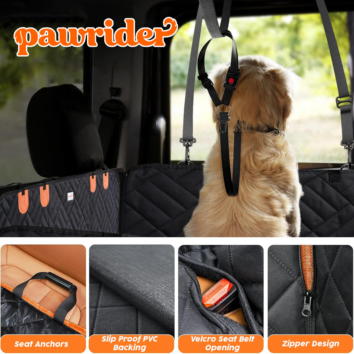 Paw Rider Back Seat Extender for Dogs Hard Bottom - Sturdy Dog Hammock for Car Hard Bottom Car Seat Cover for Dogs, with Seatbelt (No Foam)