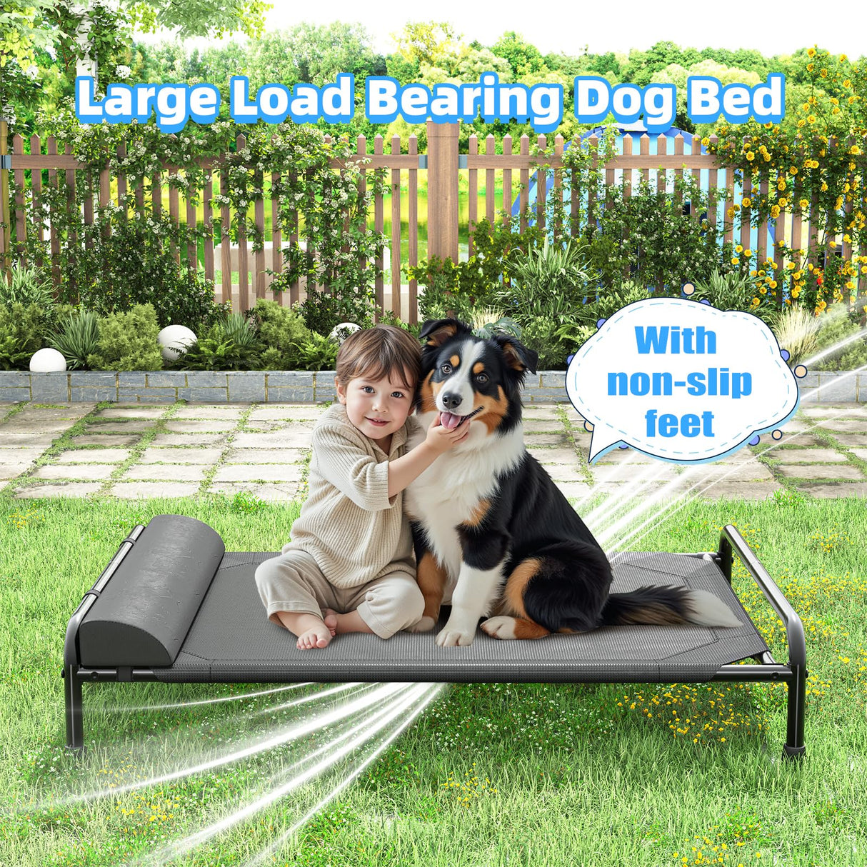 Simple Trending Elevated Dog Bed for Large Dogs, Cooling Raised Pet Cot with Bolster, Breathable Outdoor Couch Bed, 44.5" x 31", Black