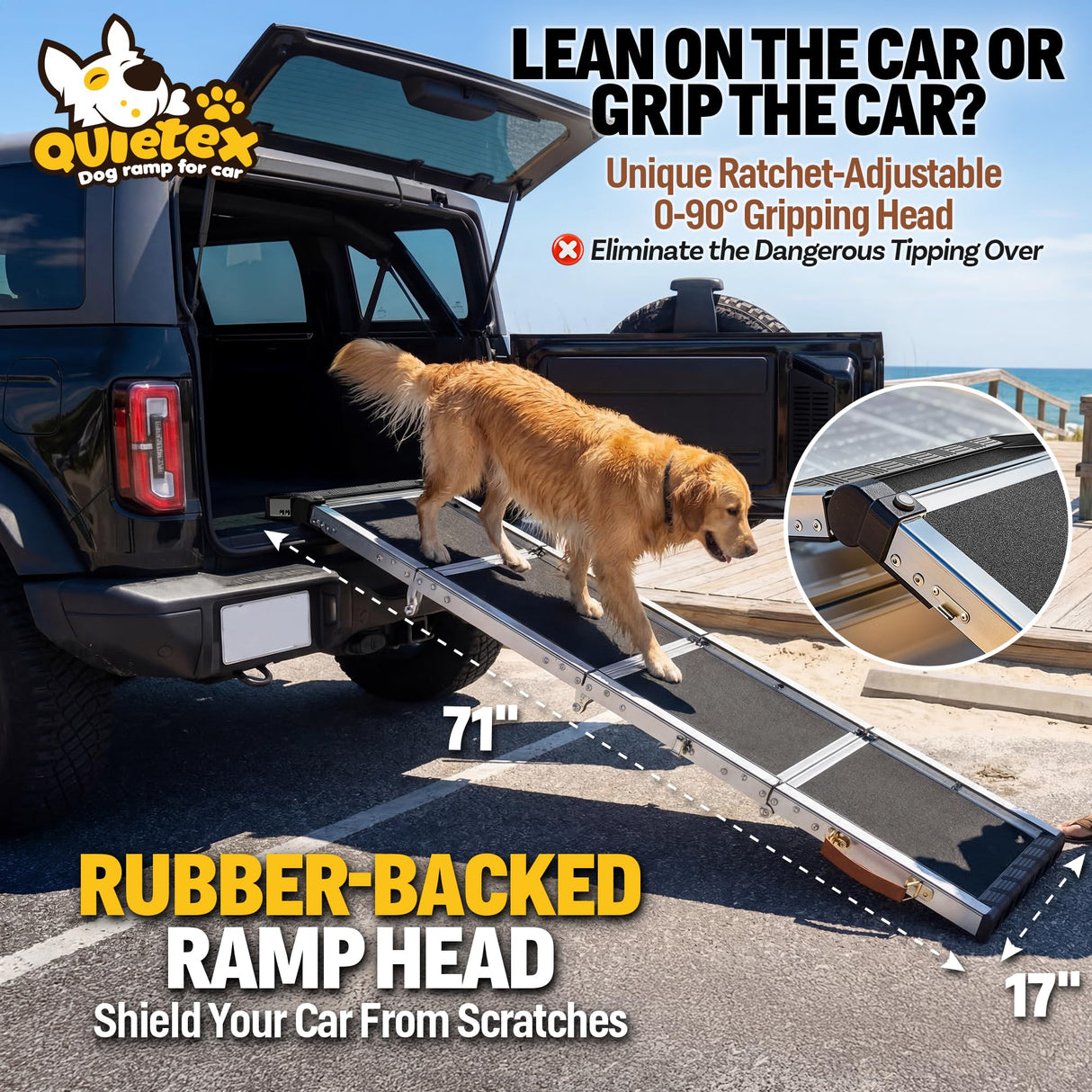 Extra Long 71”Dog Ramp for Car with Adjustable Head, Folding Pet Ramp for Large Dogs with Non-Slip Surface Dog Ramps Up to 200 lb for Car SUV Truck Bed Couch