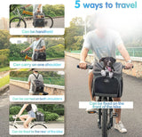 Wakytu Dog Bike Basket Carrier, Pet Bicycle Front Carrier Backpack for Bike Riding Foldable Removable, Reflective Strips, 2 Side Storage Pockets, Pet Travel Bag for Cats Small Dogs