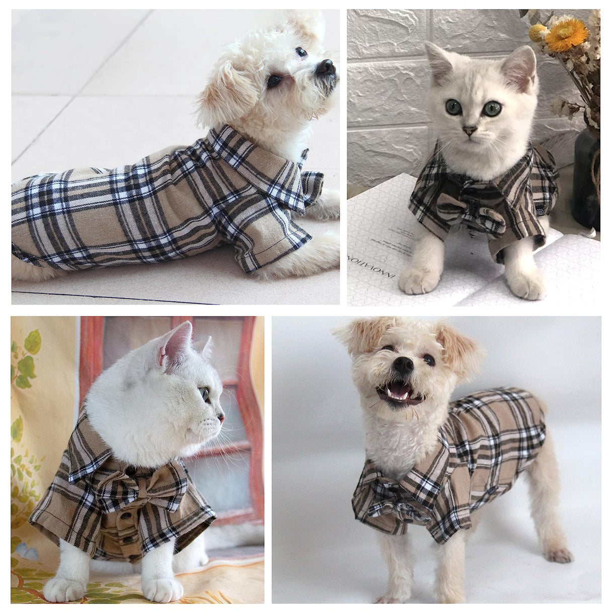 Plaid Dog Shirt,Soft Casual Pet Shirt Clothes, Dog Cotton Shirt with Bow Tie for Wedding,Christmas Costumes (Dark Khaki, XX-Large)