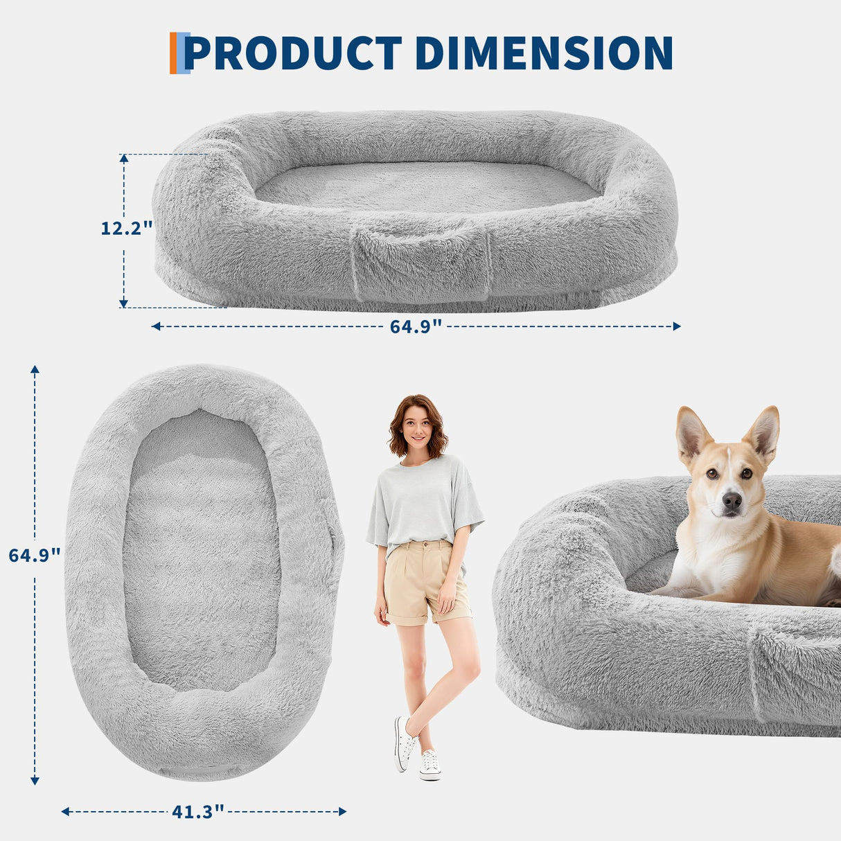 Human Dog Bed for Adult, 64.9" x 41.3" Large Giant Orthopedic Memory Foam Nap Bed for People Pets, Washable Faux Fur Cover with Side Pocket Waterproof for Anxiety Relief