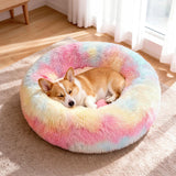 Warmrest Donut Dog Bed Medium Size Dog, Round Cat Beds for Small Medium Dogs and Cats with Washable Fluffy Faux Fur, Cute Comfort Pet Bed with Anti-Slip Bottom, Rainbow, 30"