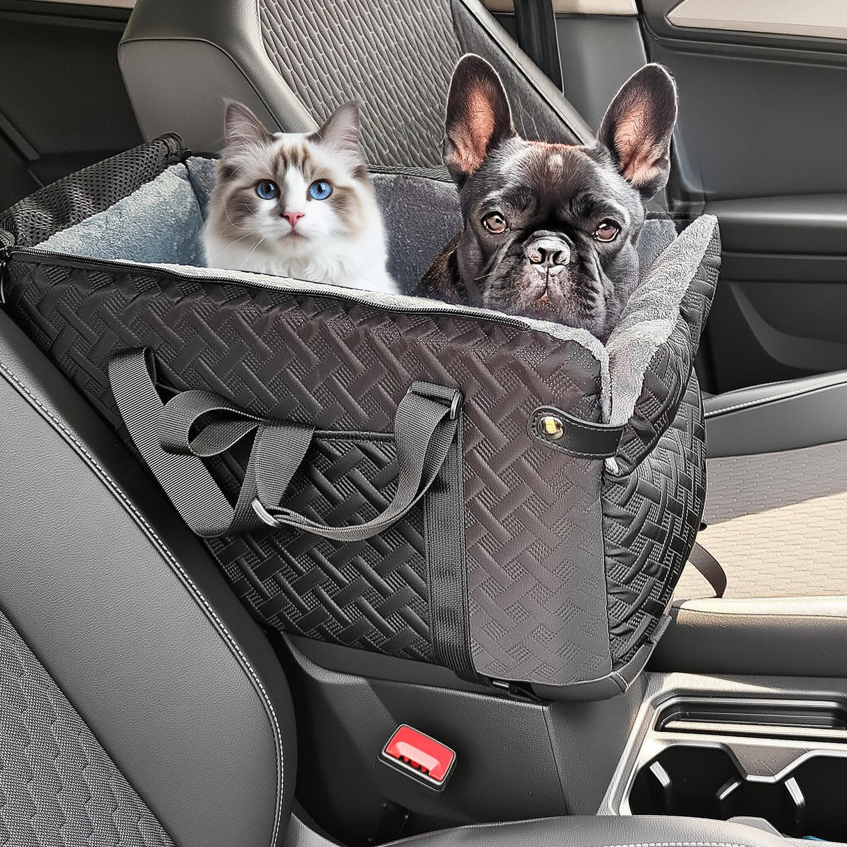 Center Console Dog Car Seat for Small Dogs,Washable Foldable Console Booster Seat for Puppy Car Seat with Safe Protection Hooks Adjustable Straps and Storage Pocket Pet