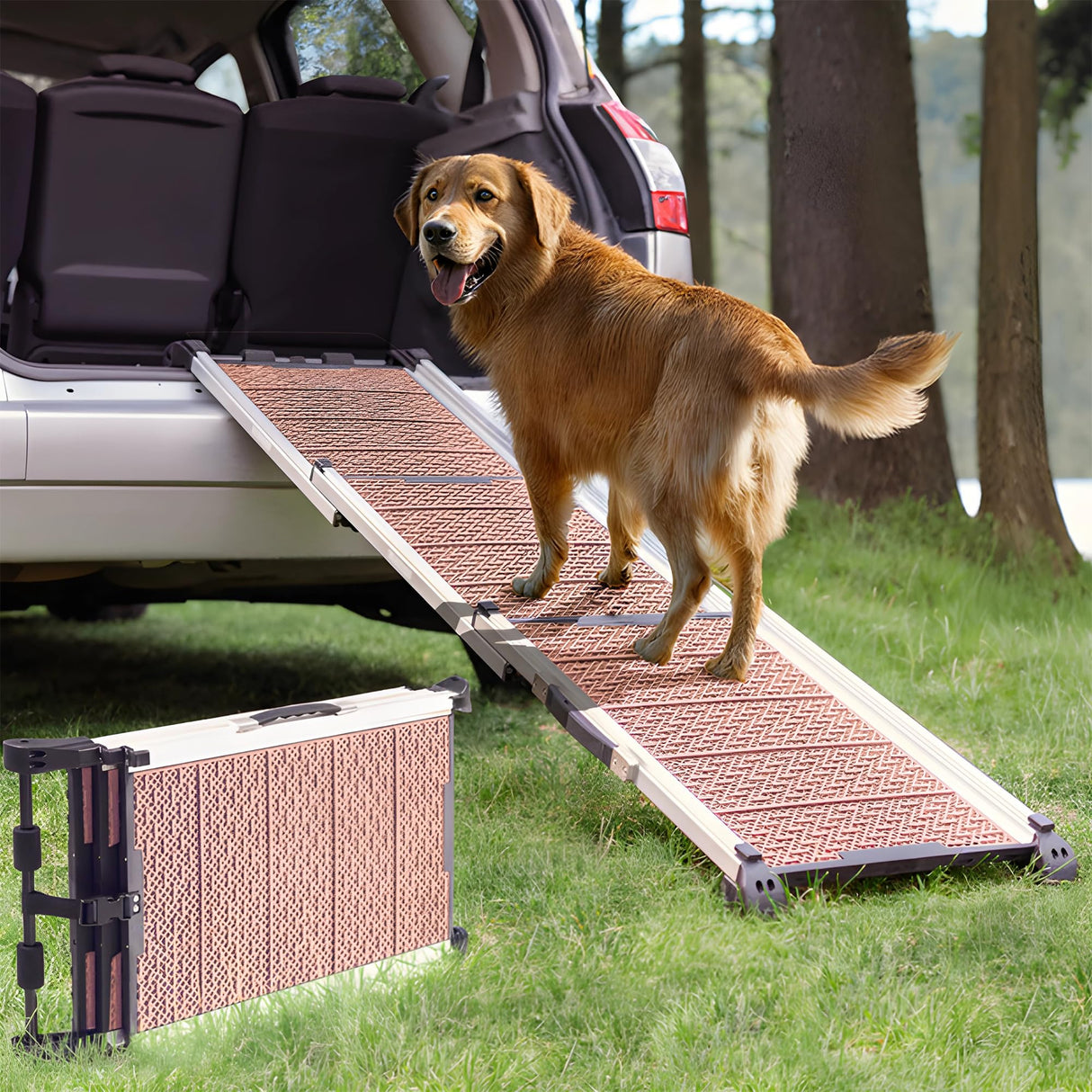 Dog Ramp for Car - Stable Anti-Slip Dog Car Ramp for Large Dogs - 63" Long & 15" Wide - 250LBS Capacity - Telescoping Pet Ramp - Lightweight - Reflective Sides - Fixing Clip - Desert Sand