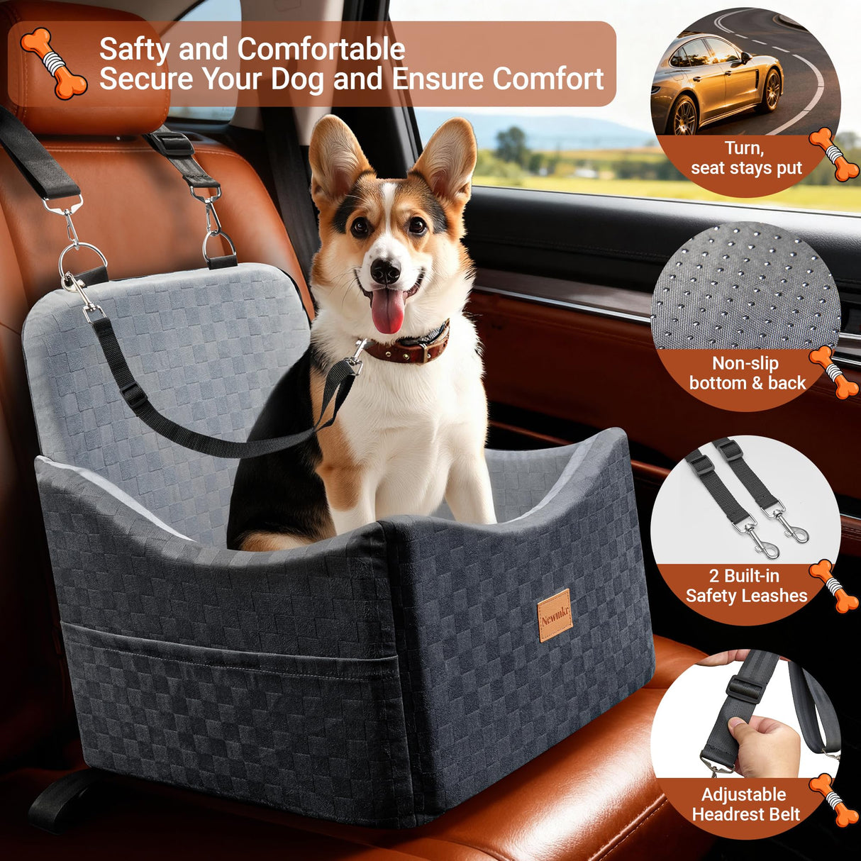 Newmkr 2 in 1 Dog Car Seat Bed for Small/Medium Dogs Up to 35 lbs, Travel Dog Booster Seat with Memory Foam Thick Cushion, Safety Belts&Storage Pockets, Removable Washable Bed Fits Front or Back Seat