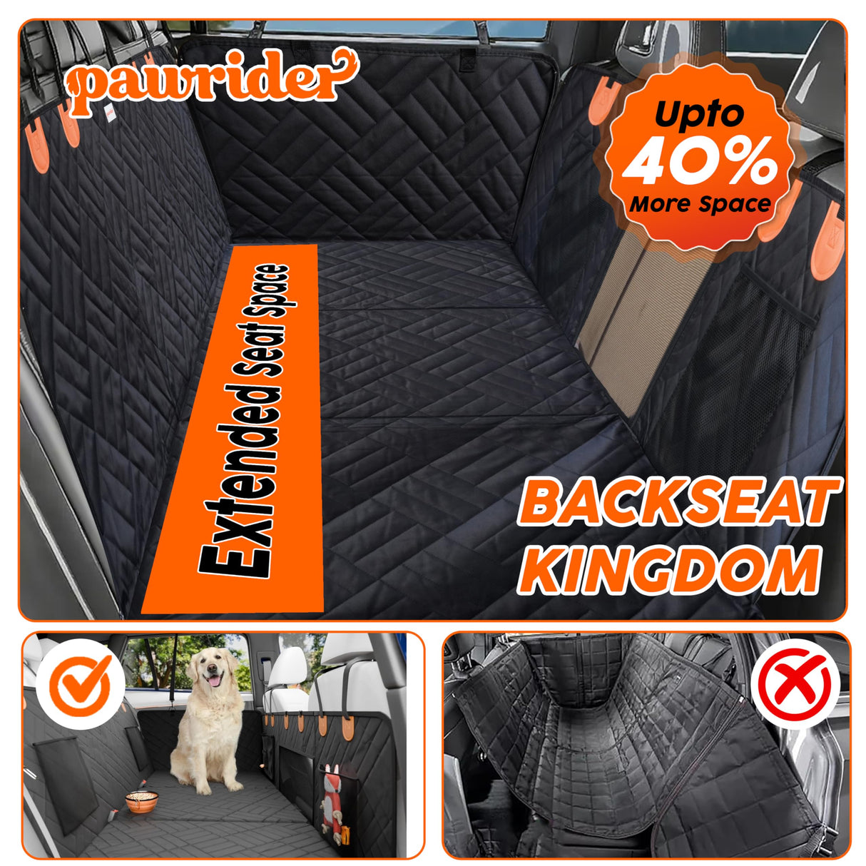 Paw Rider Back Seat Extender for Dogs Hard Bottom - Sturdy Dog Hammock for Car Hard Bottom Car Seat Cover for Dogs, with Seatbelt (No Foam)