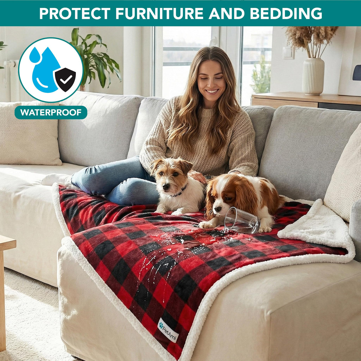 PetAmi Waterproof Dog Blanket for Medium Large XL Dog Puppy Cat Throw for Couch Cover Leakproof Protection, Sherpa Fleece, Reversible Soft Washable 80x60 Checker Plaid Red