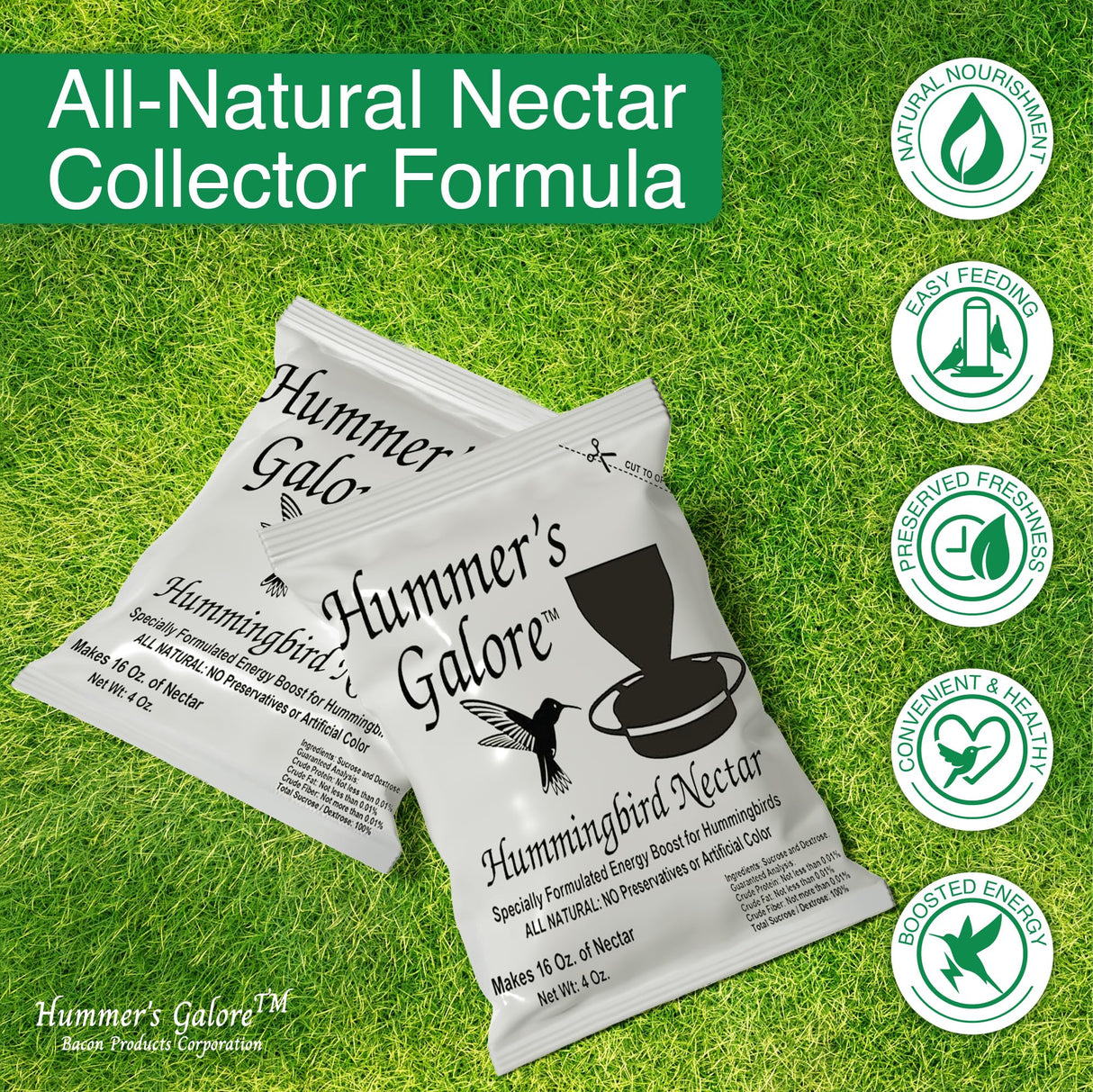 Hummer's Galore Made in USA Hummingbird Food - Ready-to-Mix Hummingbird Nectar, All-Natural Nectar Collector Formula, No Preservatives or Dyes, Makes 64 Ounces (4 Packets Included)