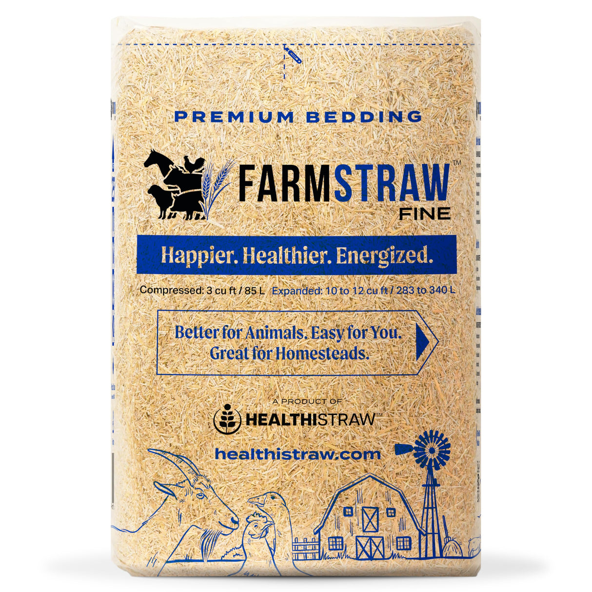 HealthiStraw FarmStraw Fine Cut, 3 cu ft (25 lb) Expands to 10+ cu ft – Wheat Straw Bedding for Homesteads, Hobby Farms & Small Pets – Dust-Free, Allergen-Free, Absorbent, Soft, Sustainably Sourced