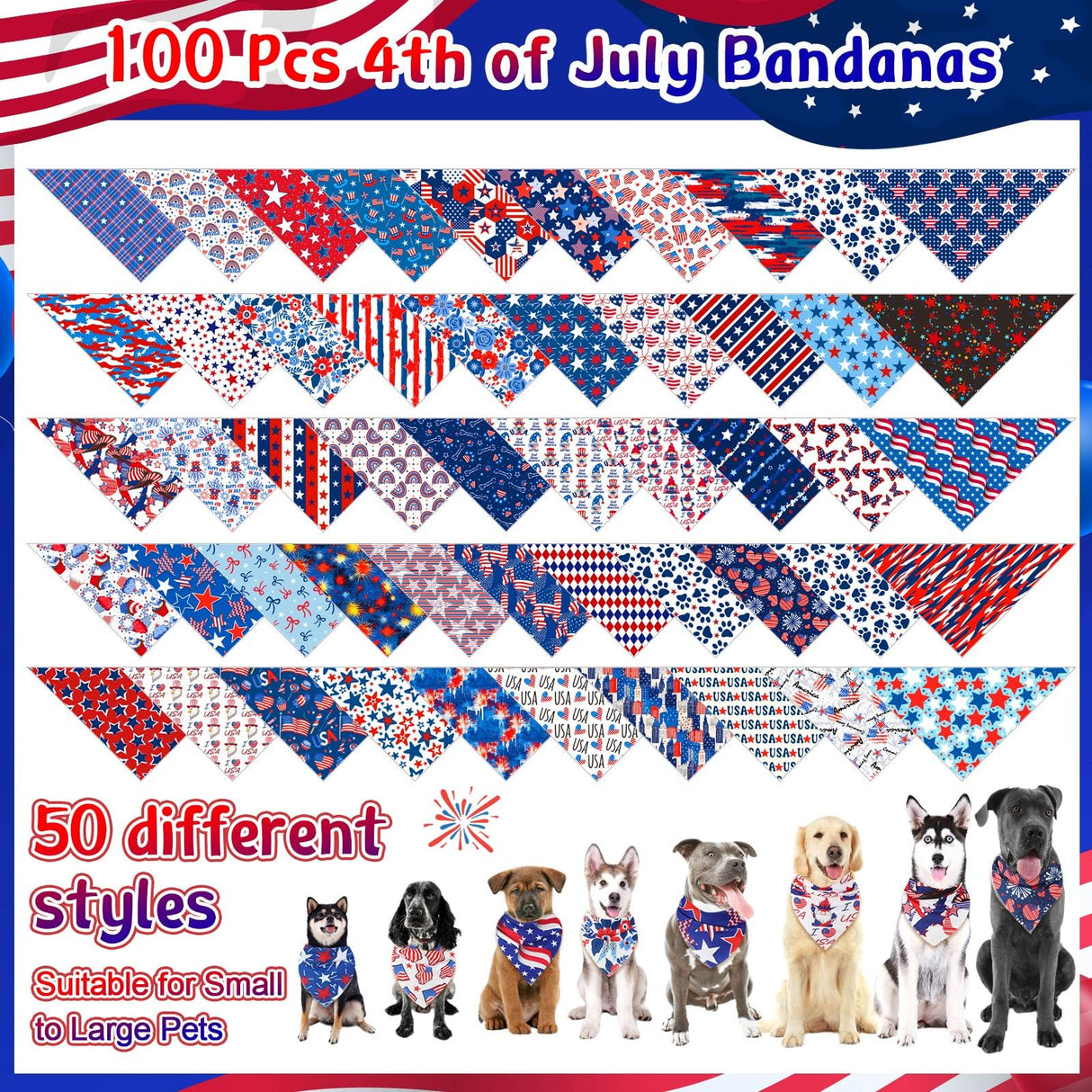 Paterr 100 Pieces Patriotic Dog Bandanas Bulk 4th of July Independence Day Pet Handkerchief Memorial Triangle Bibs Kerchief Adjustable Washable Pet Scarf Accessory for Small Medium Puppy Cats