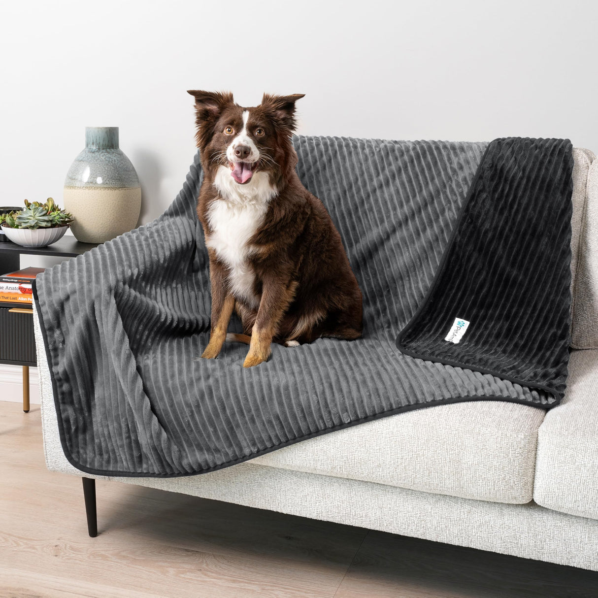 PetAmi Waterproof Dog Blanket, Leakproof Pet Blanket for Small Medium Large Dogs, Reversible Furniture Bed Sofa Couch Cover Protector, Plush Striped Pet Throw for Indoor Cat, 29x40 in, Black Grey