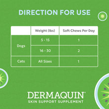 Load image into Gallery viewer, Nutramax Dermaquin Skin Support Supplement for Small to Medium Dogs and Cats, Supports Healthy Response to Allergens, with Hardy Kiwi, Omega-3s, and More, Tasty Soft Chews, 60 Count
