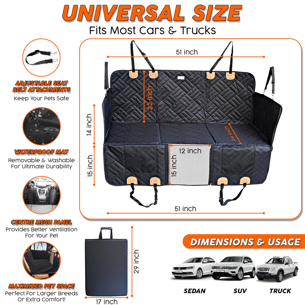 Paw Rider Back Seat Extender for Dogs Hard Bottom - Sturdy Dog Hammock for Car Hard Bottom Car Seat Cover for Dogs, with Seatbelt (No Foam)