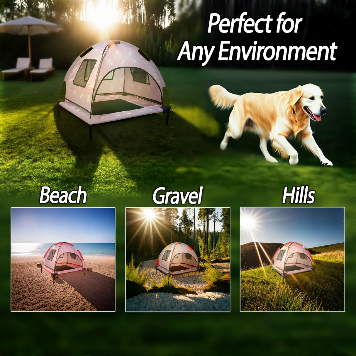 Elevated Covered Dog Bed - 36" x 36" x 30" - Dog Shade Canopy Lounger for Small & Large Dogs (Up to 110 lbs) - Portable & Durable - Cooling, UV & Water Resistant with Mesh Windows - Pastel Pink