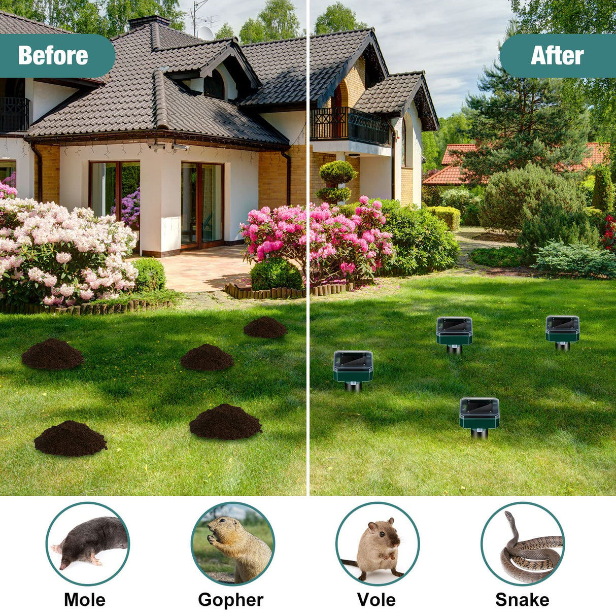 28 Pieces Solar Mole Repellent Ultrasonic Outdoor Gopher Deterrent Spikes for Garden Yard Lawn Waterproof Solar Powered Repeller for Groundhogs, Voles, Snakes and Other Burrowing Animals (Square)