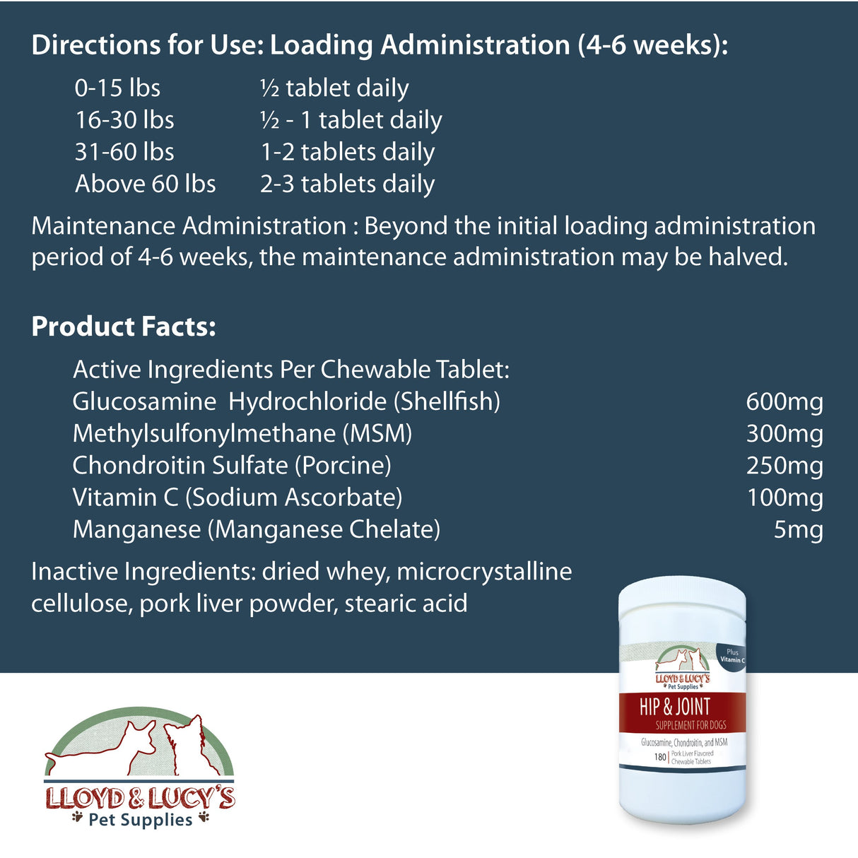 Lloyd & Lucy's Hip and Joint Supplement for Dogs - Chewable Multivitamin with Glucosamine, Chondroitin, MSM and Vitamin C - Healthy Liver Flavored Treat Pets Will Love - 180 Ct Tablets