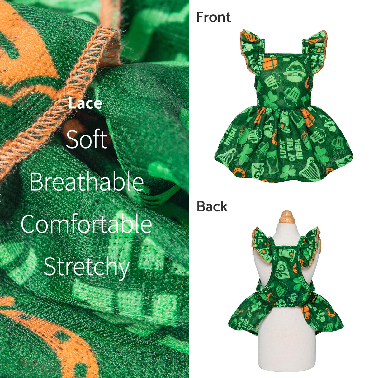 Fitwarm St Patricks Day Ruffle Dog Dress, Lucky Dog Clothes for Small Dogs Girl, Funny Pet Outfit, Green, Orange, Small