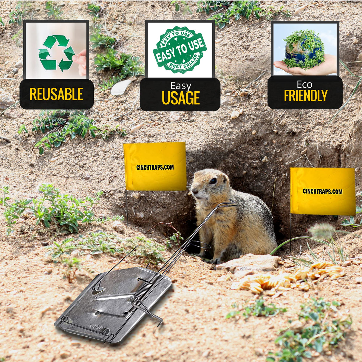 Cinch Gopher Trap Kit - Professional-Grade Gopher Traps That Work Best, Heavy Duty, Reusable Rodent Trapping System - Ideal for Lawns, Gardens, Ranches, and More - Outdoor Use, Small (3 Pack)