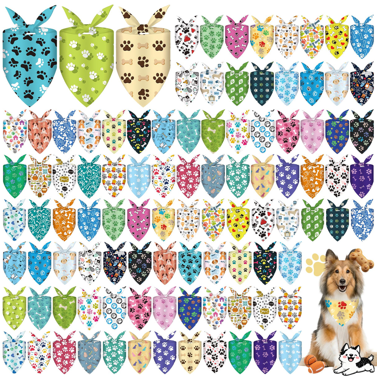 Cresue 100 Pcs Funny Dog Bandanas Bulk Cute Pet Scarves Paw and Bone Print Adjustable Bibs for X-M-L Dogs Washable Daily Puppy Kerchief for Groomers Shelters