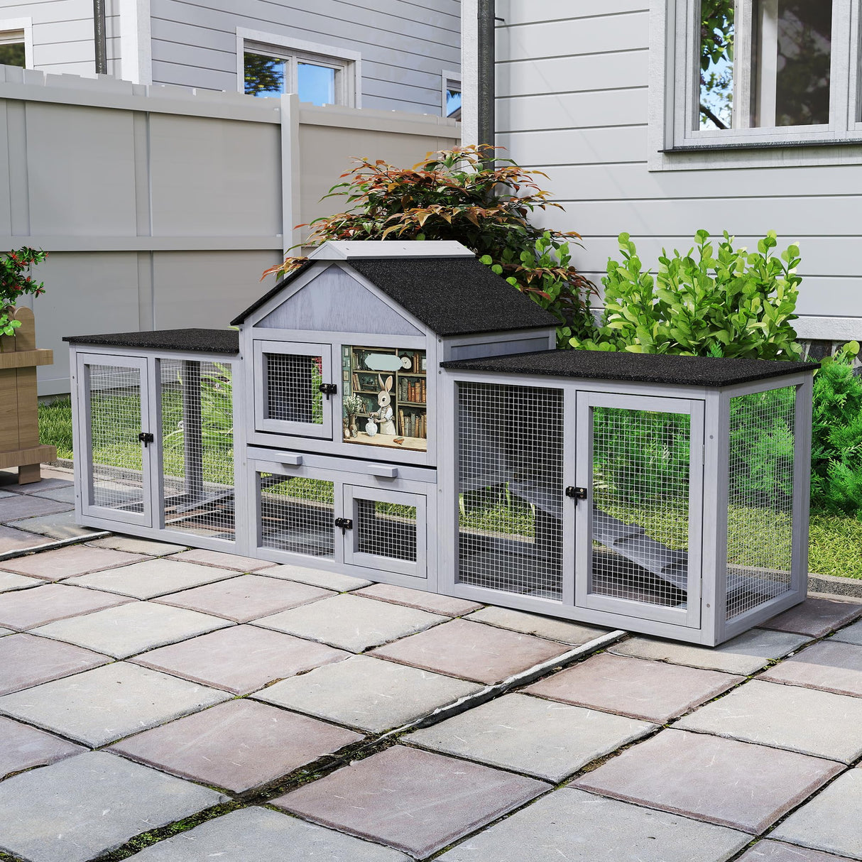 COZIWOW 82inches Extra Large Wood Rabbit Hutch Outdoor Easy to Assemble and Stable Bunny Cage Indoor with Cleaning Tray & Waterproof Roof for Small and Medium Bunny Rabbit Chick（Grey with Pattern）