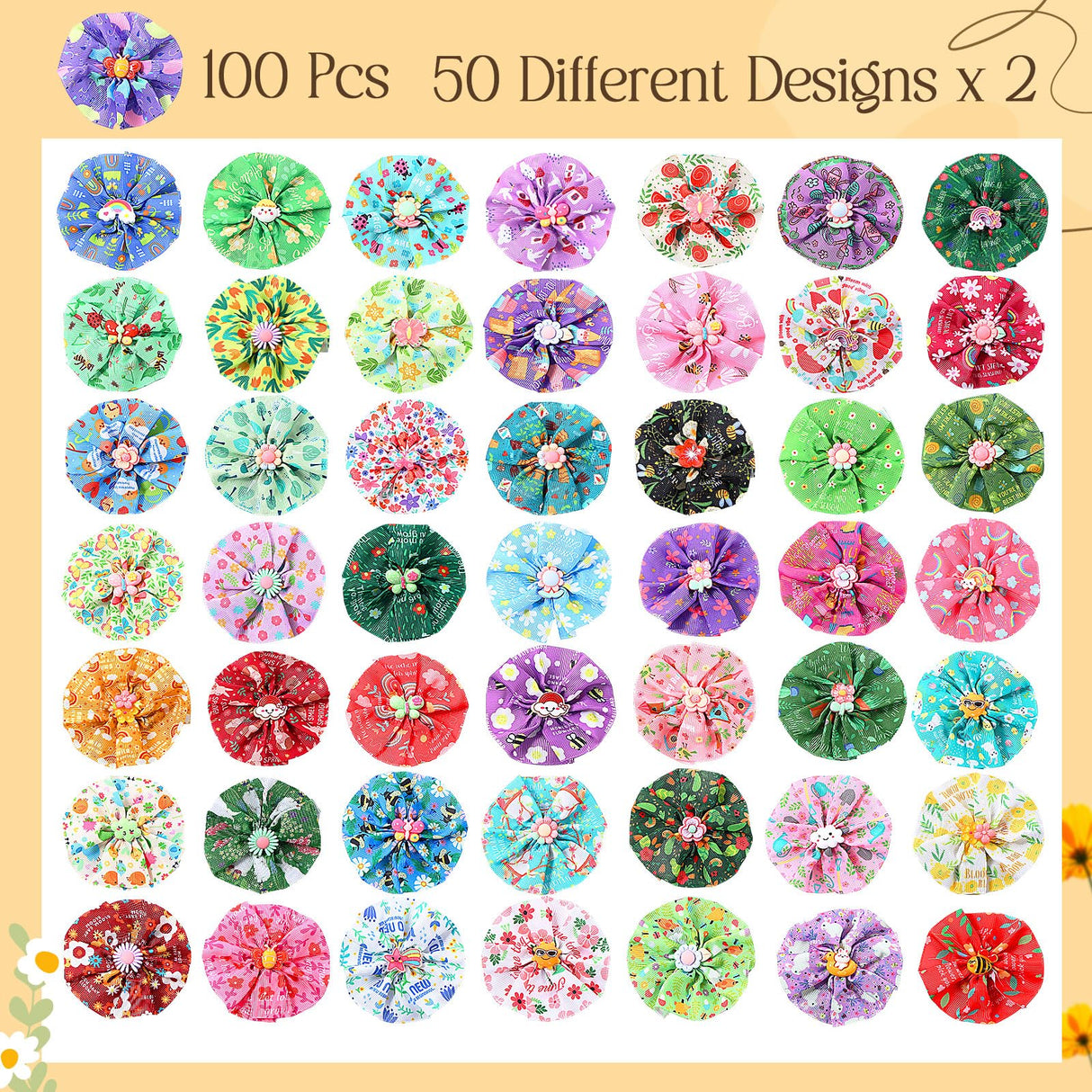 Sweetude 100 Pcs Spring Dog Collar Flowers Bulk Dog Bow Ties Bulk Pet Flower Charms Holiday Puppy Bow Ties Grooming Accessories for Small Medium Large Dogs and Cats(Flower Style)