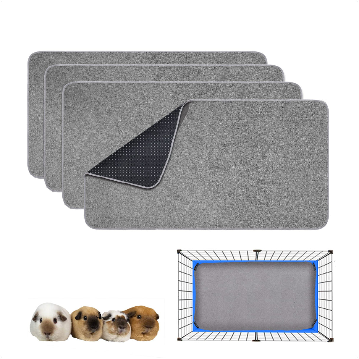 GINIDEAR Guinea Pig Cage Liner, 4 Pack - Washable, Reusable, Leakproof Fleece Bedding Pads for Small Animals with Anti-Slip Bottom - for 15''X29'' Area, Gray