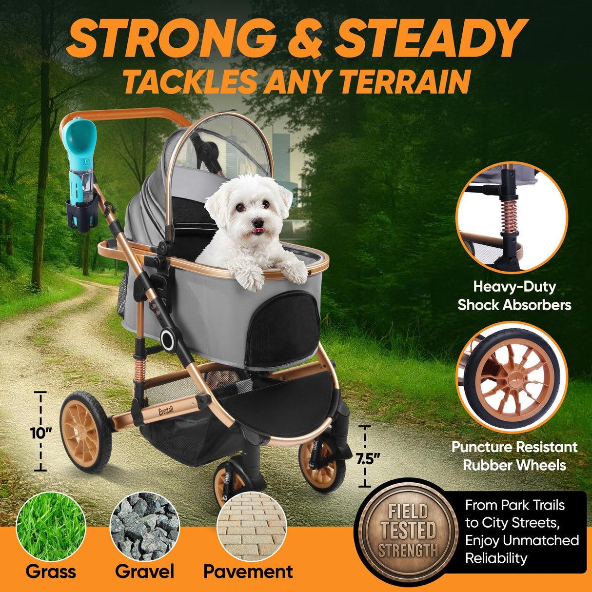 Evertail Dog Stroller for Small Dogs & Cats – 3-in-1 Pet Stroller with Detachable Carrier & Car Seat, Foldable Cat Stroller for 2 Cats or Medium Dogs up to 55 lbs, Rubber Wheels & Shock Absorbers