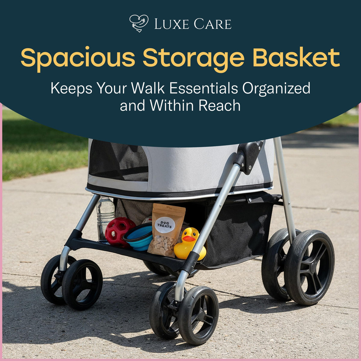 LUXE CARES 4 Wheel Foldable Pet Stroller - Lightweight Dogs and Cats Stroller Upto 50lbs with Mesh Canopy, Storage Basket and Cup Holder, Durable for Walks and Outings (Medium)