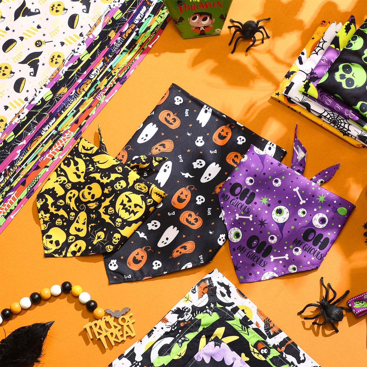 Huhumy 100 Pcs Halloween Dog Bandanas Bulk Pumpkin Ghost Bat Dog Scarf Triangle Pet Neckerchief Bibs Adjustable Washable Pumpkin Puppy Costume Accessories for Grooming Supplies Small to Large Dogs Cat