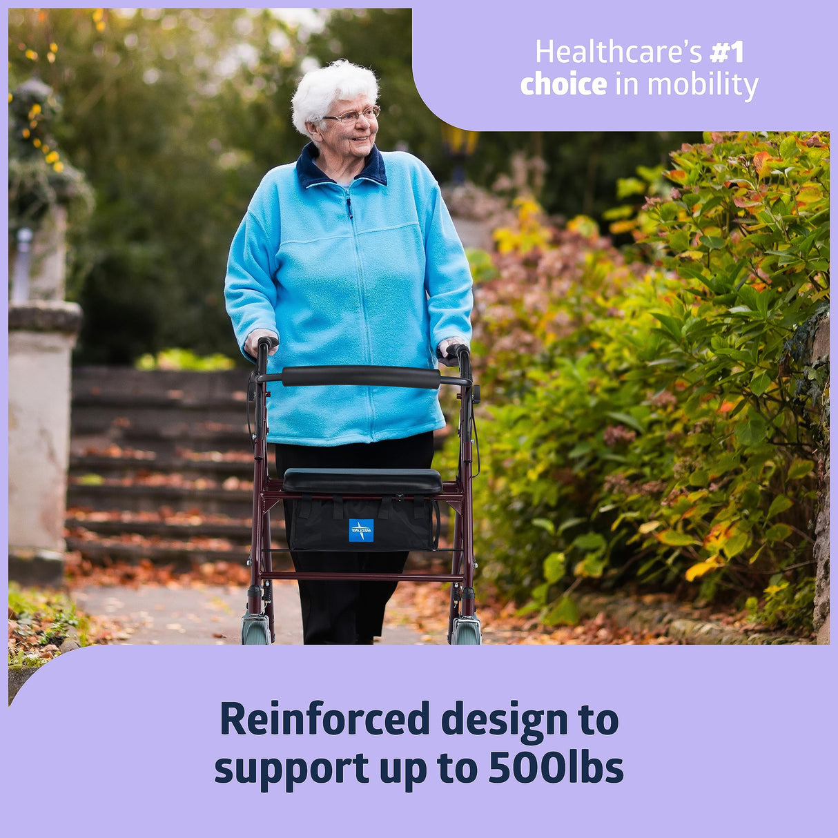 Medline Bariatric Heavy Duty Steel Rollator Supports up to 500 lbs, Strong, Comfortable Rolling Walker with 8 inch Wheels