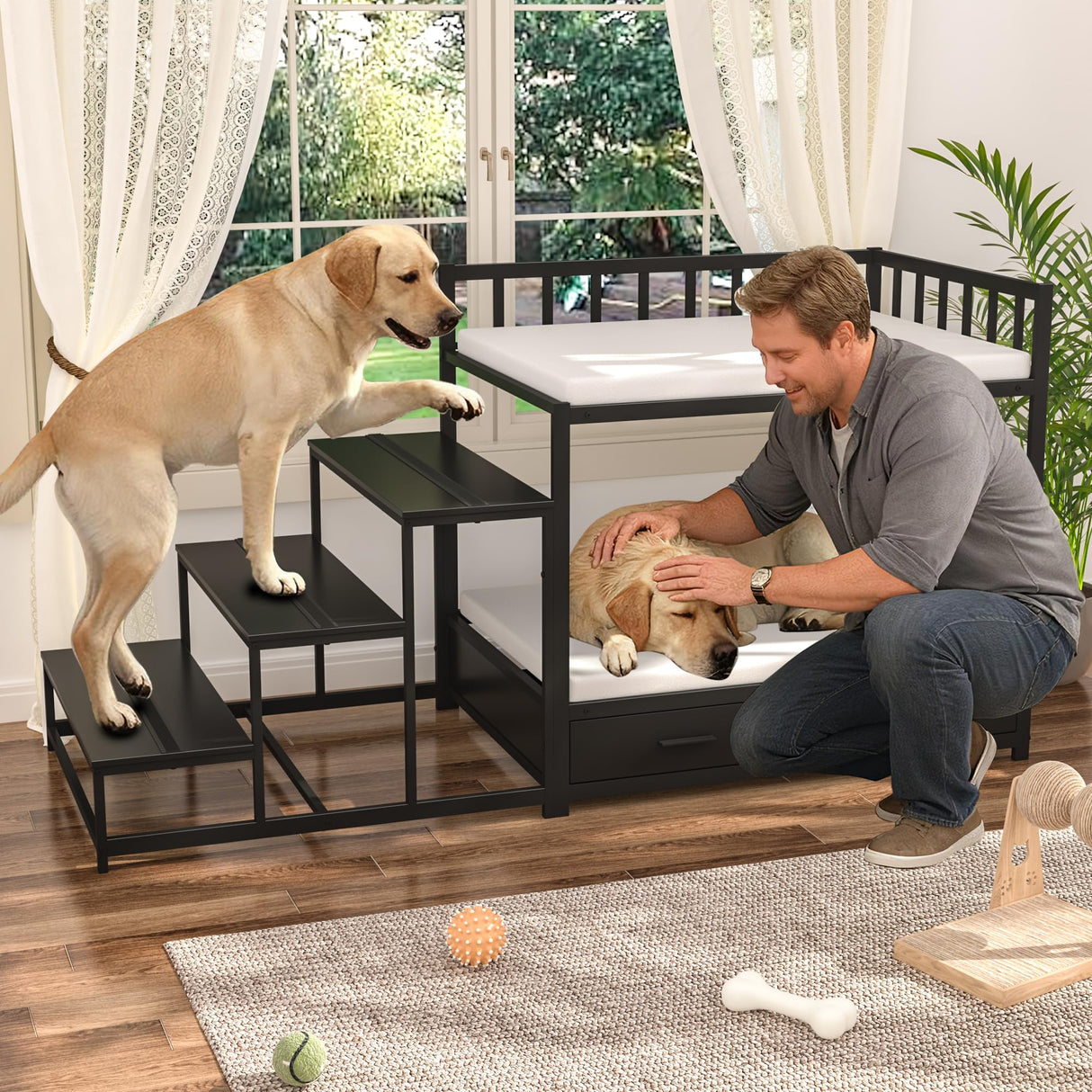 GDLF Dog Bunk Beds for Large Dogs, Dog Bedside Bed with Stairs & Storage, Space-Saving Indoor pet Furniture