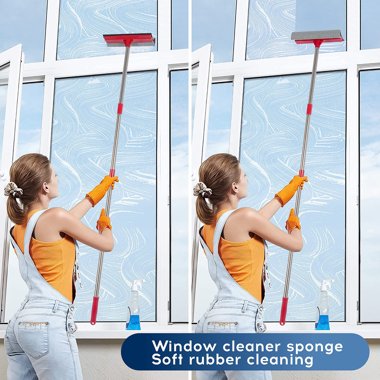 Window Squeegee, 2-in-1 Window Cleaner with 55" Extension Poles, Window Washing Kit, Glass Door Cleaner, Multi-Use Car Windshield Cleaning Tool with Long Handle for High Outdoor Windows