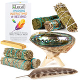 Sage Variety Smudge Kit - White Sage, Blue Sage, Cedar, Juniper, Yerba Santa, Palo Santo, Rosemary, Abalone Shell, Stand, Feather & Instructions | Smudging Kit, Sage Bundle, Smoke Cleanse