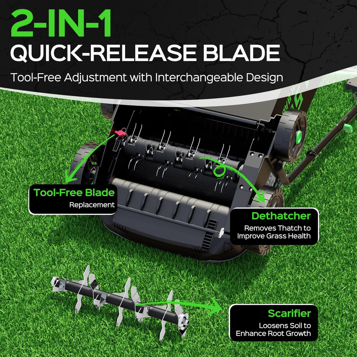 TIECTOWN 14-Inch 13.5 Amp 2-in-1 Electric Dethatcher and Scarifier with 11.5-Gallon Collection Bag, Lawn Dethatcher with 5-Position Depth Adjustment, Blade Replacement Without Tool - Green