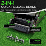 TIECTOWN 14-Inch 13.5 Amp 2-in-1 Electric Dethatcher and Scarifier with 11.5-Gallon Collection Bag, Lawn Dethatcher with 5-Position Depth Adjustment, Blade Replacement Without Tool - Green